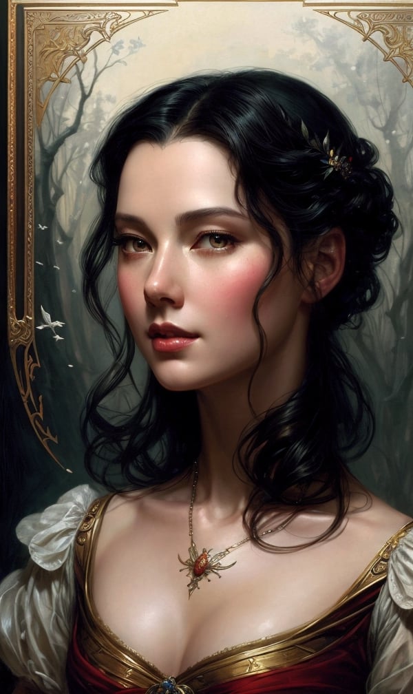 portrait of disney snow white, intricate, elegant, highly detailed, my rendition, digital painting, artstation, concept art, smooth, sharp focus, illustration, art by artgerm and greg rutkowski and alphonse mucha and uang guangjian and gil elvgren and sachin teng, symmetry!!