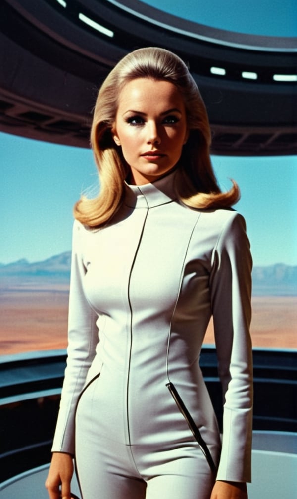  1970retrofuturism, female scientist at a futuristic research facility on an alien planet, tight sci-fi uniform
