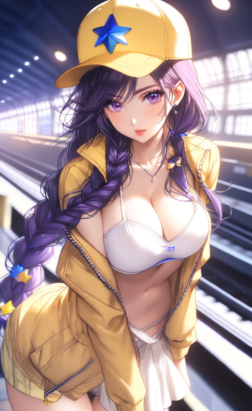 score_9, score_8_up, score_7_up, source_anime BREAK , ((((solo, huge cleavage, mascara, long lashes, eyeliner, BBSummer, purple eyes, purple hair, very long hair, single braid, baseball cap, backwards hat, star hat ornament, yellow jacket, off shoulder, white bikini, bandeau, yellow skirt, (laying:1.3), (train station), (dynamic pose), (seductive pose), (dutch angle), (looking at viewer, standing:1.03),,
 nijistyle))))