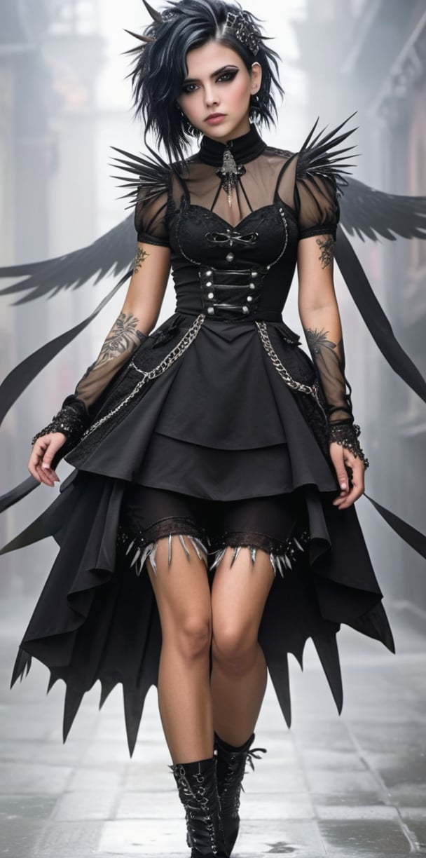 A punk-rock angel with dark wings and anime-style eyes, sporting a Victorian-era dress with spikes and chains. Her short, spiky black hair is adorned with silver studs and ribbons,Gothic-chic style