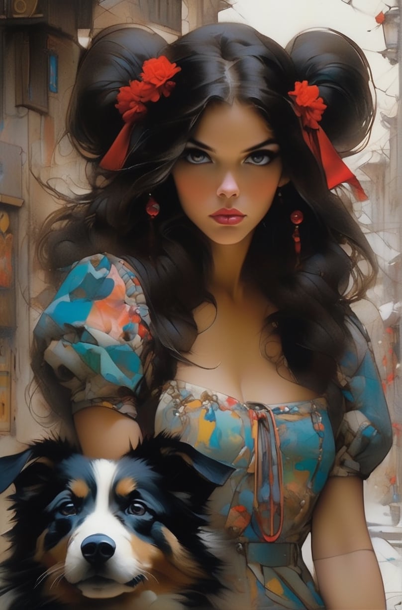 Snow White, radiant and symmetrical, walks her dog on an urban street, long hair styled in thick flowing pigtails, clad in contemporary attire, pencil sketch transformed into intricate, vibrant, full-body portrait, capturing the essence of Jean Baptiste Monge's whimsy, Carne Griffiths' fluidity, Michael Garmash's romanticism, elevated to the trendsetting digital artistry of Artgerm, and the eerie atmosphere reminiscent of H. R. Giger and
