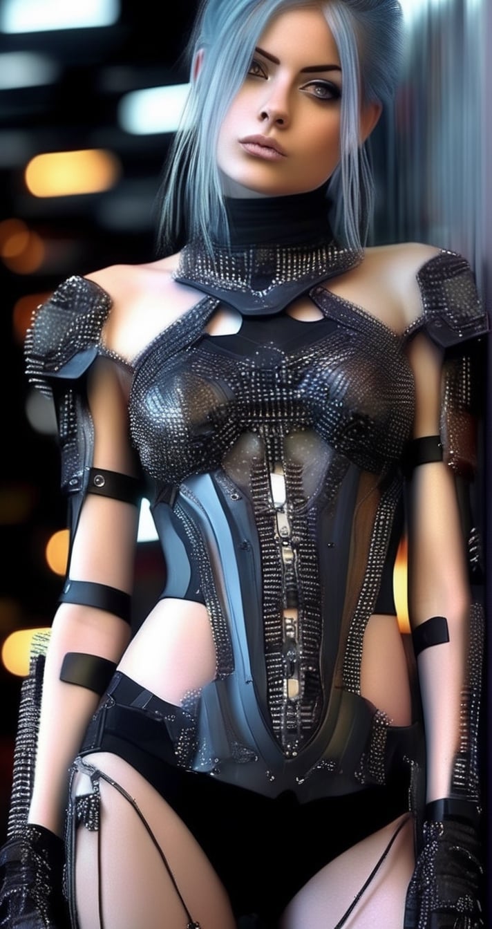 hyperrealistic art {Hyper realistic Cybernetic goth female with a ((flat chest))} . extremely high-resolution details, photographic, realism pushed to extreme, fine texture, incredibly lifelike