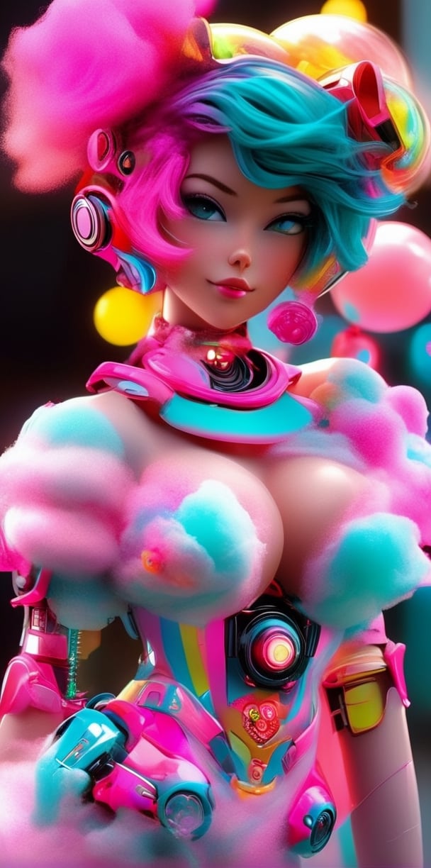 Capture a full body figurine design photograph featuring a vibrant and lively Cyborg Cotton Candy character with a mix of colorful mechanical and confectionery elements. Design her with neon-colored robotic limbs, candy-inspired accessories, and cotton candy hair in a variety of vibrant shades, sexy body big breast,Canon EOS R5, Canon RF 50mm f/1.2L USM