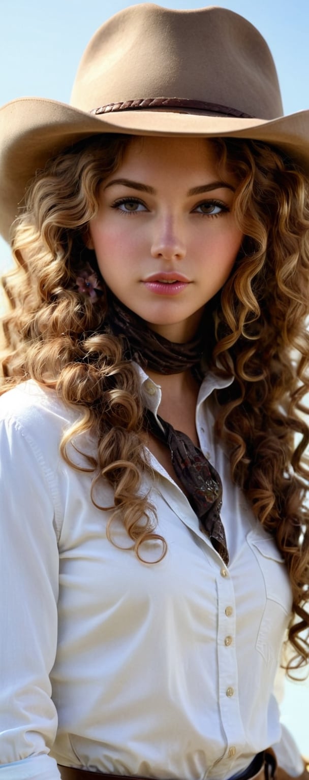 1girl, solo, brown light curly hair, hat woman cowgirl 1883, flower, realistic