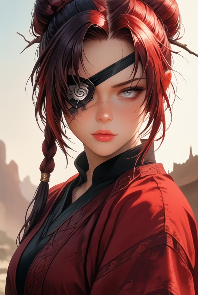 ((Mediovale)), 1 girl, solo Tiefling, reddish skin, ram horns, broken left horn, completely white eyes, eye patch on the left side, scar under the eye patch, scar on the lips on the right side, Bblack hair, hair tied in a bun, scraping both sides, two braids on each side of the bangs.