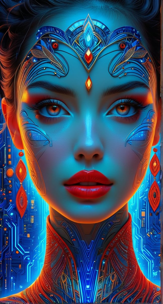 The image is a stylized depiction of a woman's face and upper torso. It features a high level of detail and complexity, with the skin appearing to be adorned with an intricate pattern of colors and shapes that resemble circuitry or digital art. The eye is particularly prominent, with its blue iris surrounded by vibrant hues and detailed with a variety of patterns. The lips are full and painted red, adding a bold contrast to the surrounding artistry. The overall effect is one of a digital or cybernetic aesthetic, suggesting themes of technology and humanity intersecting.