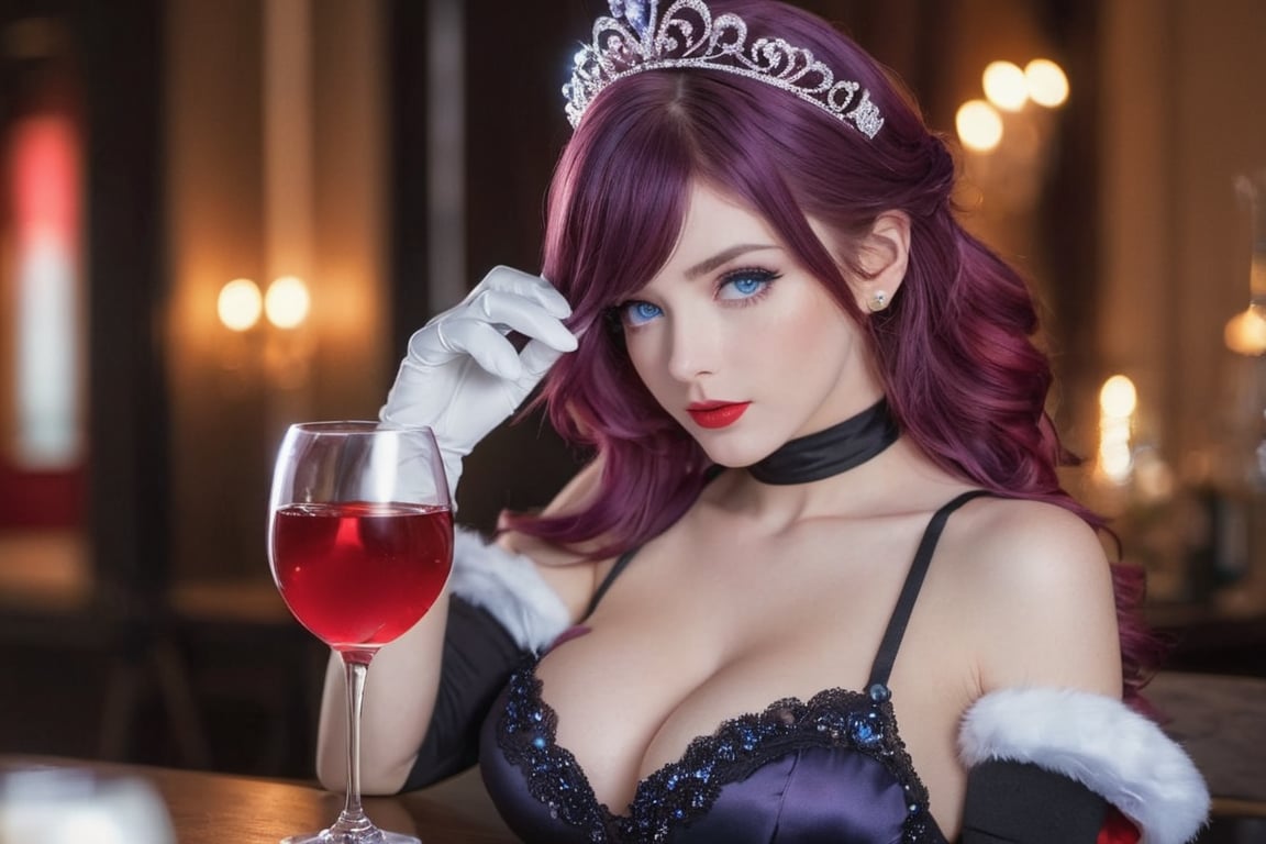 1girl, solo, (((breasts, blue eyes, gloves, holding, hair between eyes, bare shoulders, purple hair, red hair, elbow gloves, white gloves, blurry, cup, looking to the side, blurry background, table, tiara, alcohol, drinking glass, red lips, wine glass, wine, rosaria \(genshin impact\)))