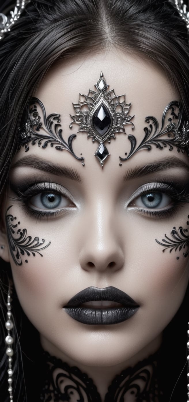 (Black and white, intricate details, close-up of a woman's face with an intricate design, 3DCGI anime fantasy artwork, necro, detailed patterned skin, abstract fragments, impressive eyes, mixed media, 3D rendering Silver painting, symmetrical beauty, ambient occlusion rendering, psytrance), Detailed Textures, high quality, high resolution, high Accuracy, realism, color correction, Proper lighting settings, harmonious composition, Behance works girl,goth person


