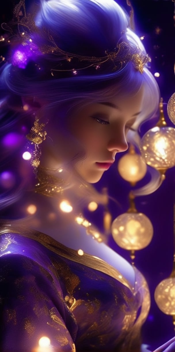 a girl characters in a fantasy setting looking at lighted objects, in the style of photorealistic painting,gongbi, gold and azure, i can't believe how beautiful this is, illusory wallpaper portraits, graceful movements, kintsugi, silver and purple style expressive