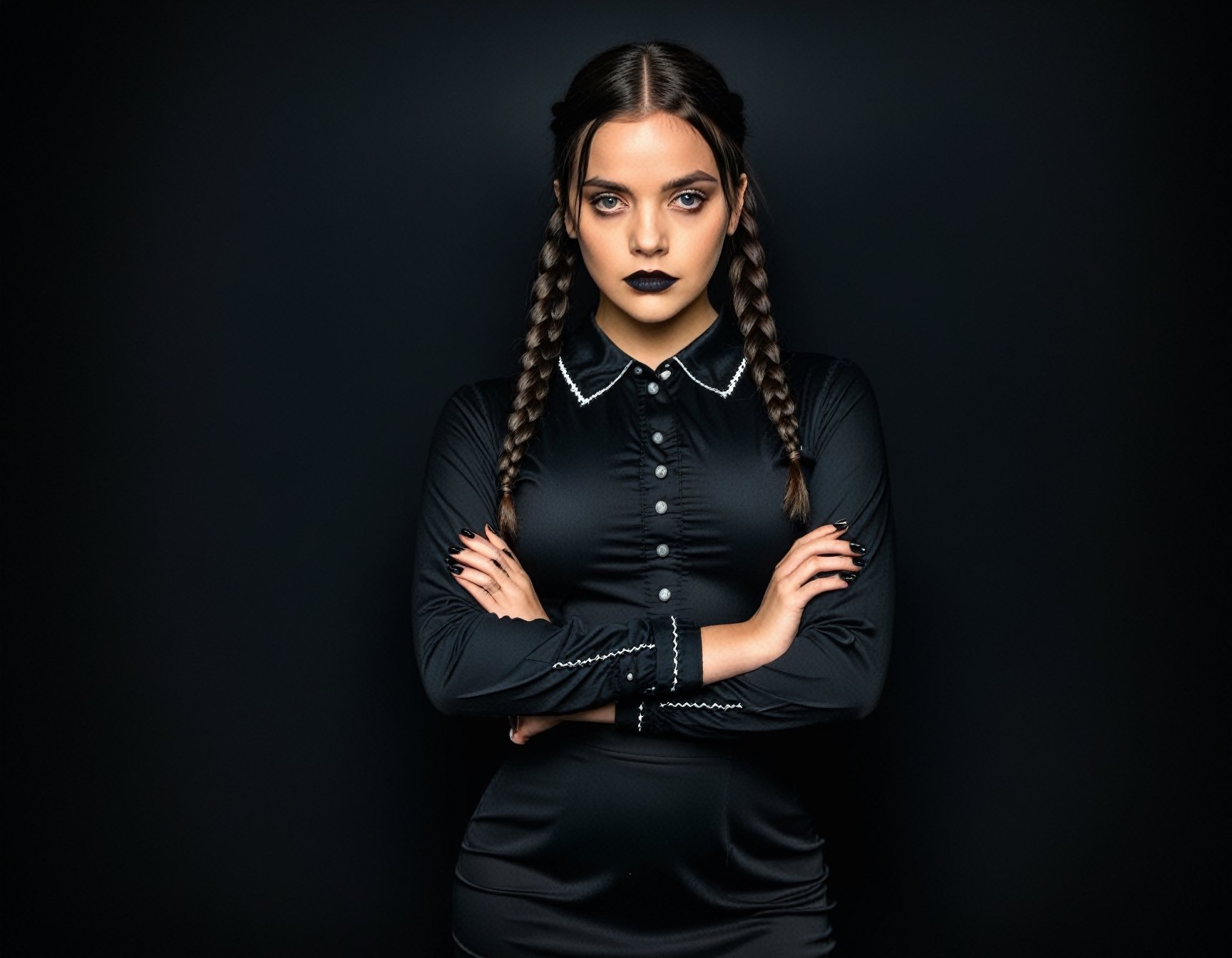 1girl, solo, black lips, black hair, dress, black dress, black nails, black eyes, crossed arms, black background, braid, black theme, looking at viewer, simple background, long sleeves, twin braids, bangs, long hair, dark-skinned female, collared dress, cowboy shot, dark skin, nail polish, Wednesday addams \(character \), character \(theme\)