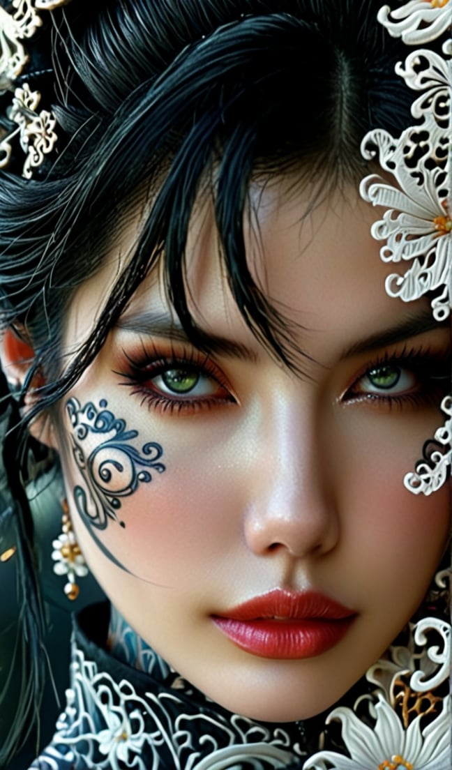 a close up of a woman with tattoos on her face, anime fantasy artwork, mysterious gaze, stunning render, villainess, grasping intricate filigree, black scars on her face, unusually unique beauty, inspired by Mark Brooks, by Zeen Chin, visible eyes, anthropomorphic female cat, royo, skilled geisha of the japanese, fractal skin,goth person