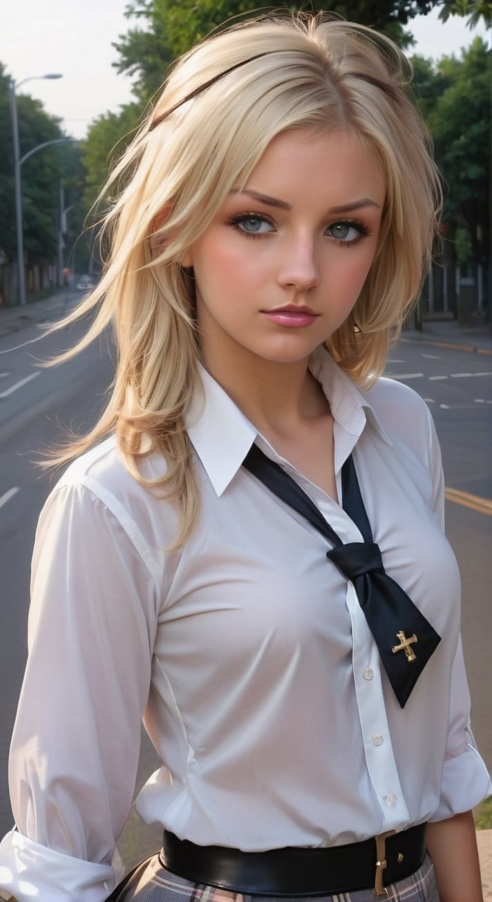 A naughty school girl, blonde hair, tight blouse tied at waist, on a cross road, Rembrandt lighting, modern style 