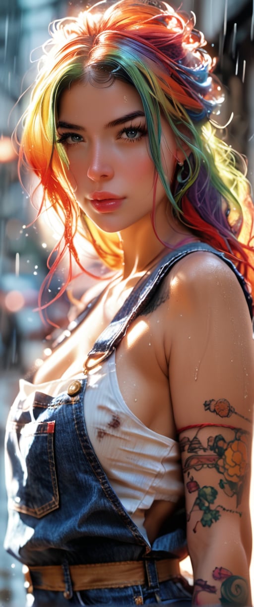 score_9, score_8_up, score_7_up,score_6_up, score_5_up, , flamboyant young women,
hyperrealistic 3d render of a grungy woman with rainbow hair, soft eyes and narrow chin, dainty figure, long hair straight down, torn overalls, side boob, wet, raining, dim volumetric lighting, 8k octane beautifully detailed render, post-processing, portrait, extremely hyper detailed, intricate