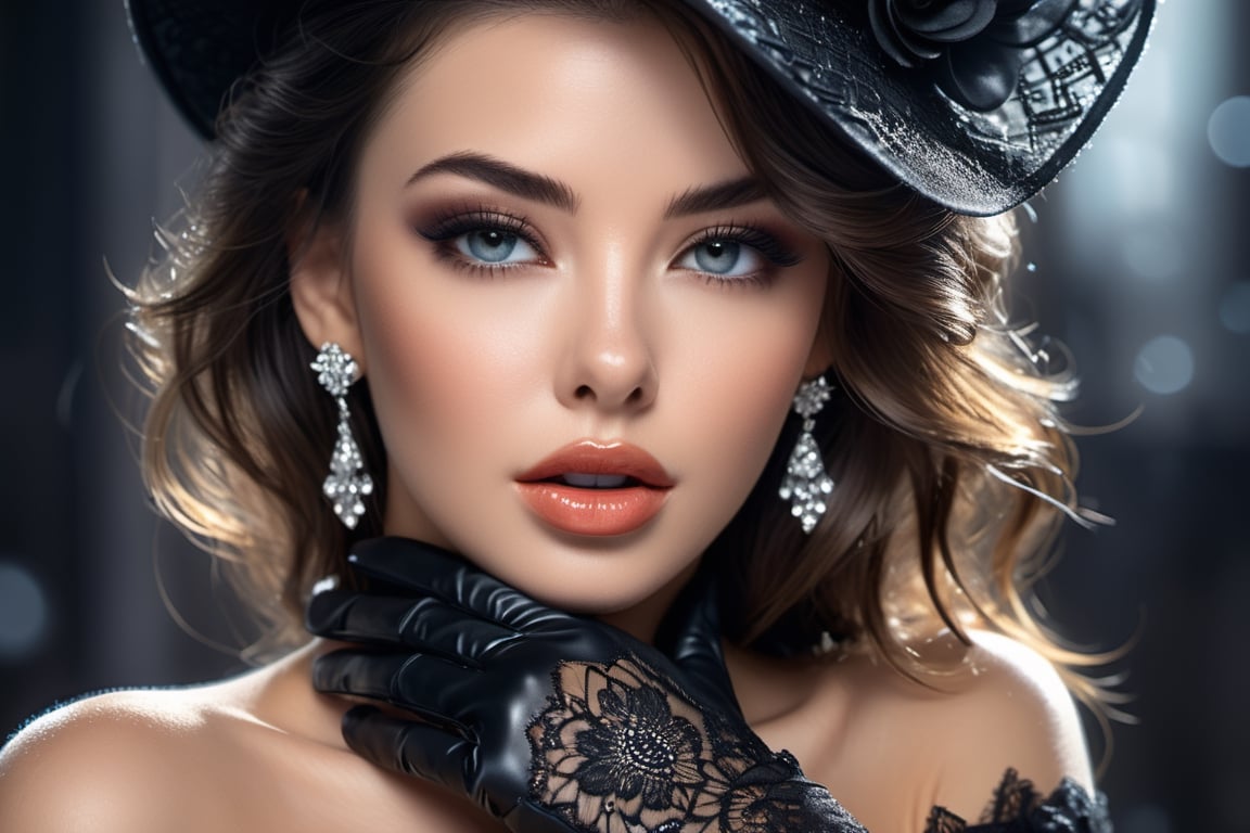 Beautiful brunette, black hat, wearing black lace gloves, Romantic makeup, black and white speedpaint with large strokes and splashes of paint. add shadows and reflections, highly detailed, vibrant, production cinematic character render, hyper-realistic high-quality model, HDR, 3d, 8K, ultra high quality. Digital Art by AlPacifista, Miki Asai Macro photography, close-up, hyper detailed, trending on artstation, sharp focus, studio photo, intricate details, highly detailed, by greg rutkowski
,SDXL