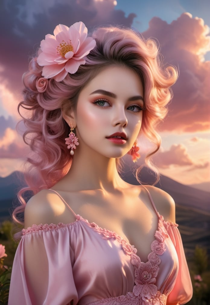 a woman in a pink dress with a flower in her hair, sunset and big clouds behind her, pink cloud hair, detailed art in color, glowing porcelain skin. light open eyes.
