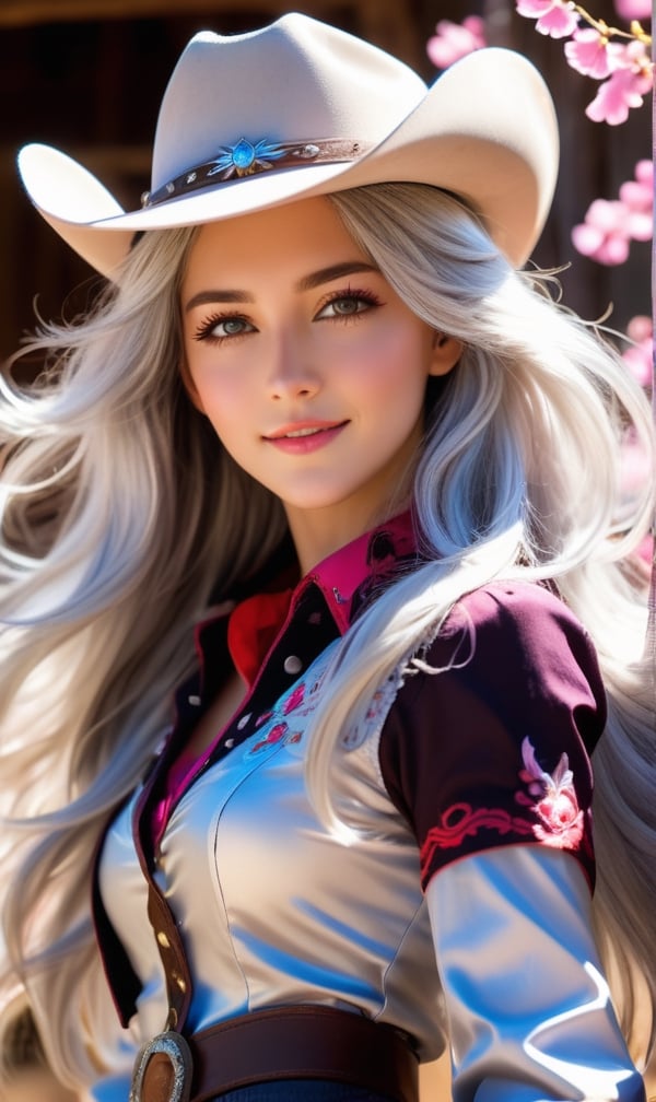 1 girl, scenery, vibrant colors, sharp focus, best quality, depth of field, cinematic lighting, flying petals in the wind, (silver eyes), silver hair, extremely long hair, slight blush, slight smile, (glowing:1.5), cowgirl outfit, cowboy hat, barn,

,detailmaster2