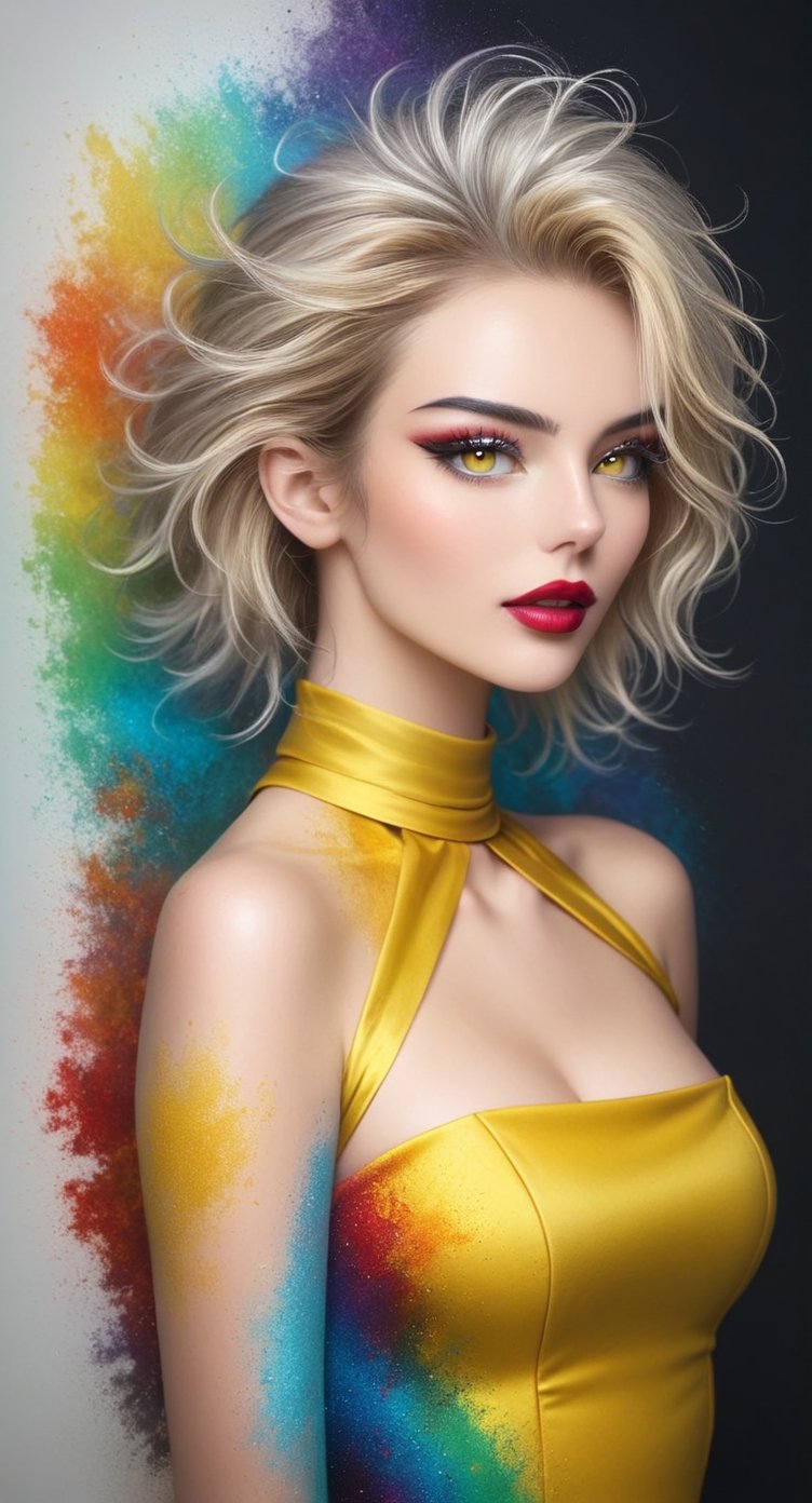 girl sexy, with silver short hair, messy hair, red lipstic, full lips, alluring, portrait by Charles Miano, pastel drawing, illustrative art, soft lighting, detailed, more Flowing rhythm, elegant, low contrast, add soft blur with thin line, yellow clothes
