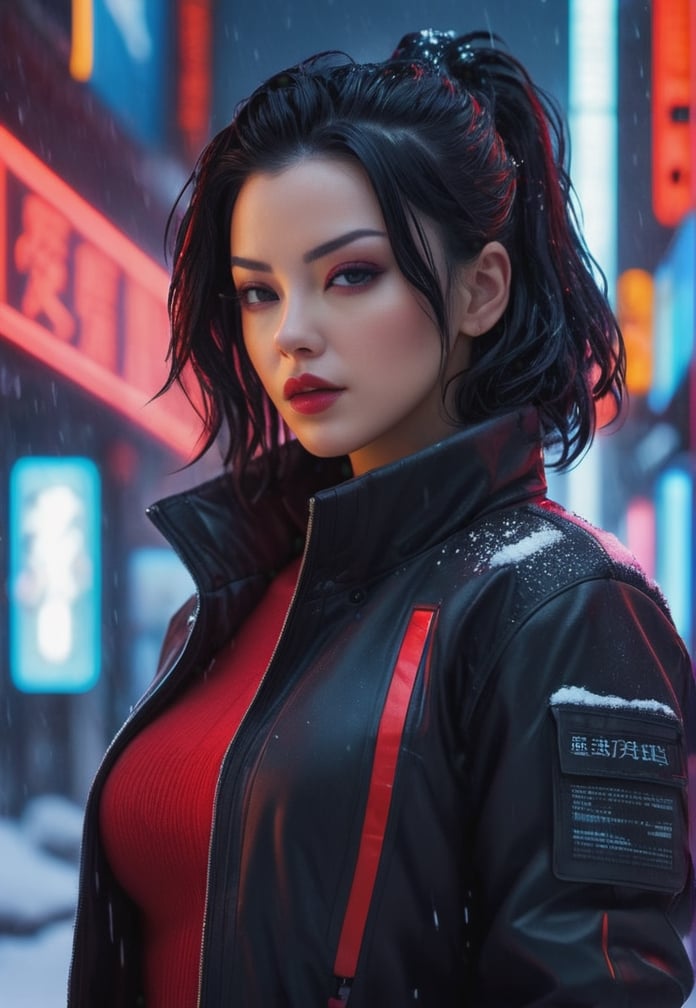 (masterpiece, high quality, realistic), cyberpunk woman, (black hair), wearing (black-red jacket), (nostalgic expression), (snowy cyberpunk city setting), (vivid neon lights), (detailed lighting contrast), (screens in background lighting), great attention to detail, (up close shot), (octane rendering), 8K resolution.