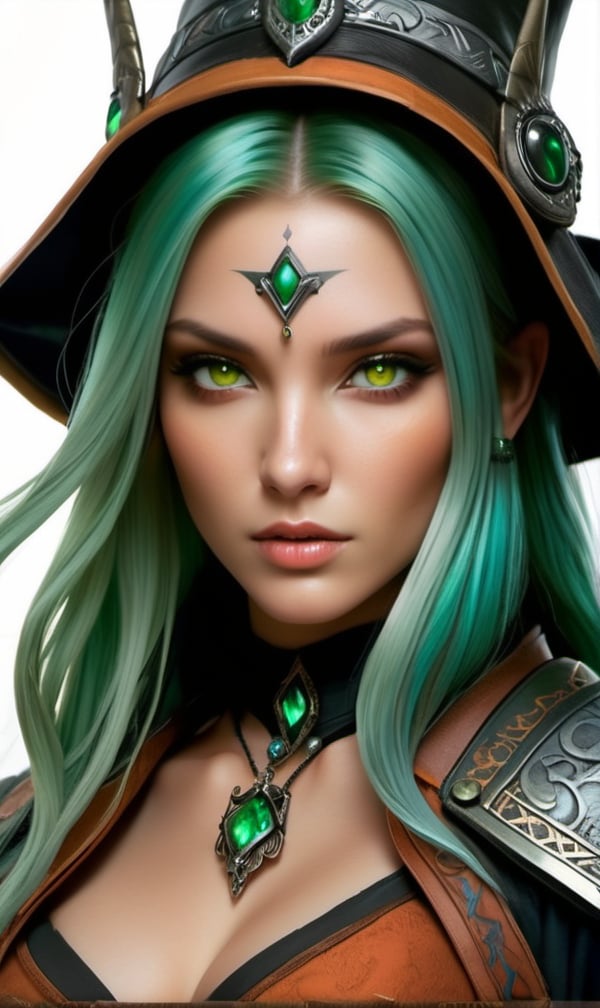 ((face and bust portrait):1.3) ((Ultra detailed face):1.2) ((Beautiful):1.1) ((Masterpiece quality):1.2) ((Dramatic Lighting, Detailing, Setting):1.2)

Art Direction:

Theme & Motif:

Primary Theme: Medieval Witch with Modern Influences
Secondary Themes: Mystery, Power, Youth
Recurring Motifs: Witch symbols, Runes, Tribal Tattoos, Stylish Outfits
Color Palette:

Primary Colors: Black, Dark Shades
Accent Colors: Orange (Hair), Green (Eyes), Vibrant Color Elements
Avoided Colors: None
Line Quality:

Type of Line: Strong, Bold, Dynamic Line Work
Line Intensity: Mixing Dark Lines and Loose Lines
Texture & Materials:

Surface Feel: Soft Shading, Textured
Material Inspirations: Intricate Armor, Fabric Embellishments from Final Fantasy Tactics
Perspective & Dimensionality:

Viewpoint: Two-thirds Portrait, Anatomically Accurate Facial Features
Depth: Maximum Resolution, Cartoony Stylized, Highly Detailed, Soft Focus
Interaction & Movement:

Energy Level: Dynamic, Expressive Character Emotion
Flow & Direction: Direct gaze at the viewer, Imposing Pose
Symbolism & Abstract Elements:

Symbolic Elements: Witch Symbols, Runes, Tribal Tattoo
Abstract Inspirations: Mystery, Power, Youthfulness, Boldness
Historical & Cultural Influences:

Era or Time Period: Medieval Fantasy with Modern Elements
Cultural References: Witchcraft, Stylish and Intricate Medieval Designs
Technology & Modernism:

Level of Tech: Digital Illustration, Watercolor Painting, Artstation Quality
Modern Elements: Sidecut Hair, Rock Jacket, Stylish Outfit
Inspirational References:

Artists & Works: Magali Villeneuve, Final Fantasy IX, Final Fantasy Tactics
Mood Boards: Dynamic Lighting and Shadows, Elevated Detail and Texture, Intricate Background Elements, Soft Shading and Texturing, Witch Symbols and Runes
Subject Details:

Identity & Personal Attributes:

Name: Vi Arcane (Inspired)
Gender: Female
Age: Teenager
Race: Human
Ethnicity: Not Defined
Height: Not Defined
Body Type: Not Defined
Physical Characteristics:

Hair Style & Color: Sidecut, Long Orange Hair

Eye Color: Green

Skin Color: Light

Distinguishing Features: Tribal Tattoo, Witch Symbols, Runes, Sidecut Hairstyle, Rock Jacket, Stylish Outfit

Clothing & Accessories: Black Shirt, Rock Jacket, Armor and Clothing Inspired by Final Fantasy Tactics, Intricate Embellishments on Armor and Fabric

Personality & Backstory:

Nature: Mysterious, Powerful
Alignment: Not Defined
Class: Witch
Personality Traits: Beautiful, Pretty, Modest, Dark-themed, Stylish, Bold
Background: This witch, taking the name Vi Arcane, is a perfect blend of medieval fantasy and modern style. Her mastery in witchcraft is evident through the symbols and runes that adorn her body. In the world she hails from, she is both revered for her powers and admired for her stylish choices.
Pose & Interaction:

Positioning: Centered, Posed for the Viewer
Action: Imposing Pose, Full Body
Interactions: None
Environment & Setting:

Location: Light Background, Character Sheet Setting
Time of Day: Not Defined
Weather: Not Defined
Mood: Dark, Dynamic, Bold, Realistic Sketch on Paper