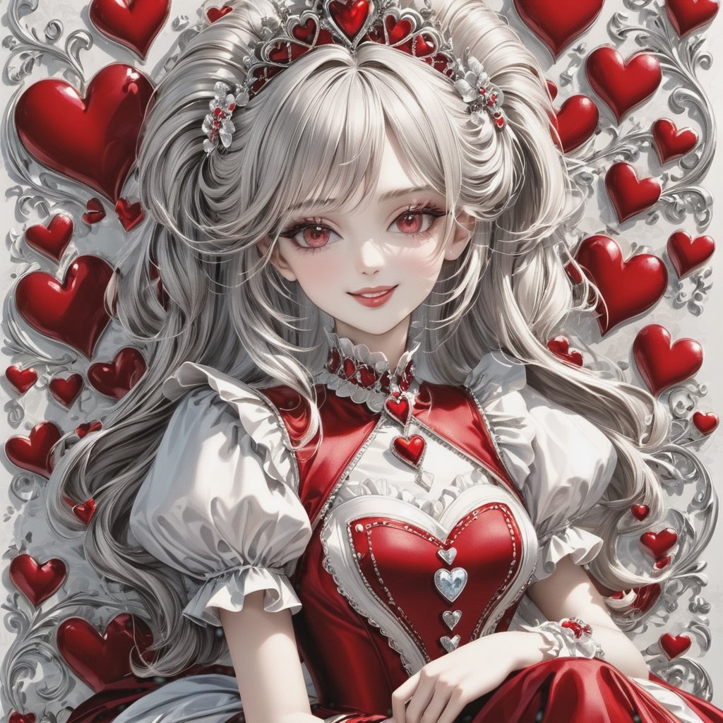 3d, uhd, digital art. white porcelain, red queen of hearts with a smiling flirty expression & white Victorian rococo styled hair, decorated with white diamonds and red hearts like the playing card, exquisitely decorated, with attention to delicate fine details. elegant queen of hearts wallpaper, porcelain white, chrome/silver/filigree and red Resin with red accents, silver highlights ,photo r3al