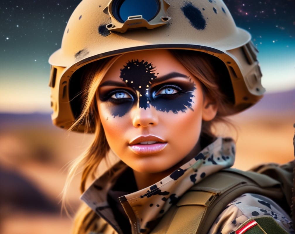 Junior officer, girl army soldier scouting alone (headshot bullet hole midnight Camo Face Paint) though a alien planet looking for targets of opportunity. High resolution, nighttime shot, epic pic