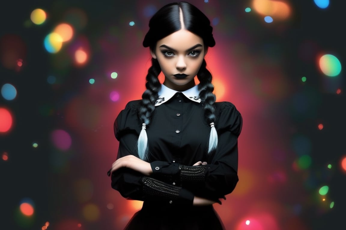 1girl, solo, black lips, black hair, dress, black dress, black nails, black eyes, crossed arms, black background, braid, black theme, looking at viewer, simple background, long sleeves, twin braids, bangs, long hair, dark-skinned female, collared dress, cowboy shot, dark skin, nail polish, Wednesday addams (theme\)
