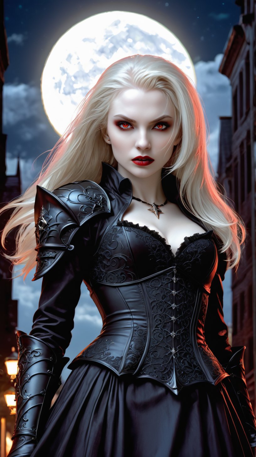 Arafed, dark fantasy art, gothic art, a picture of a vampire ready for battle, female vampire, armed with a sword, wewring heavy armor LnF, armed with a sword, shining sword, ultra detailed face (intricate detailed, Masterpiece, best quality: 1.4), pale skin, gloeing eyes, red eyes, ultra feminine, pale skin, dynamic hair, dark fantasy urban street (intricate detailed, Masterpiece, best quality: 1.4), moon light, star light, clouds