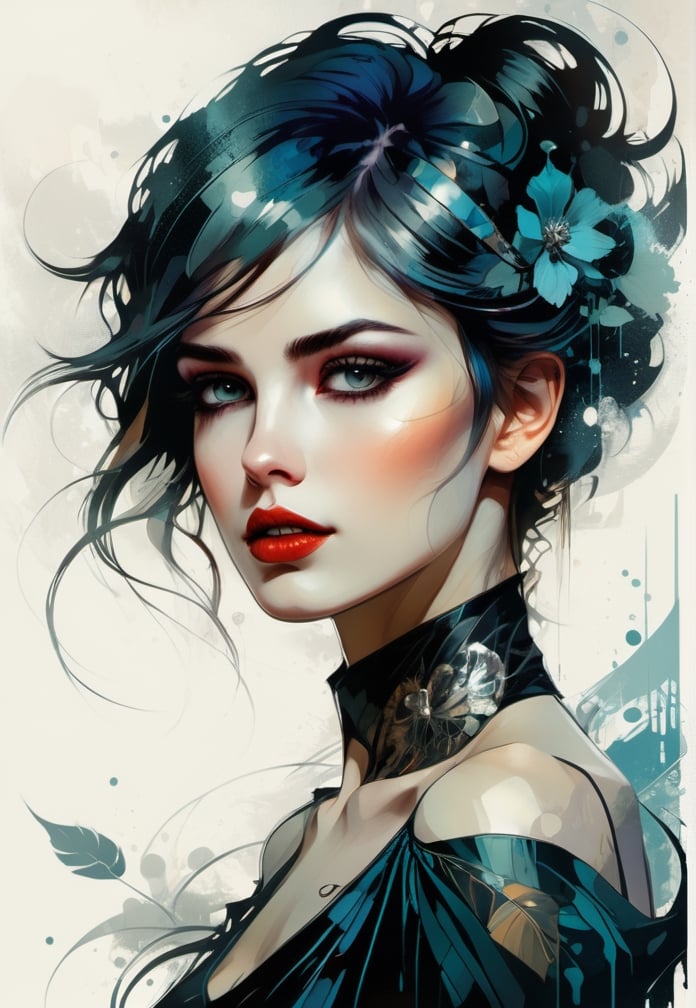 Art nouveau style. Beautiful woman. fine detail, atmospheric, vivid tones, sharp focus, sharp edges, art by Russ Mills, fantasy, dreamy, vector illustration, 2d flat, art nouveau. centered, by Tim Burton, professional, sleek, modern, minimalist, graphic, line art, vector graphics,SDXL,Real