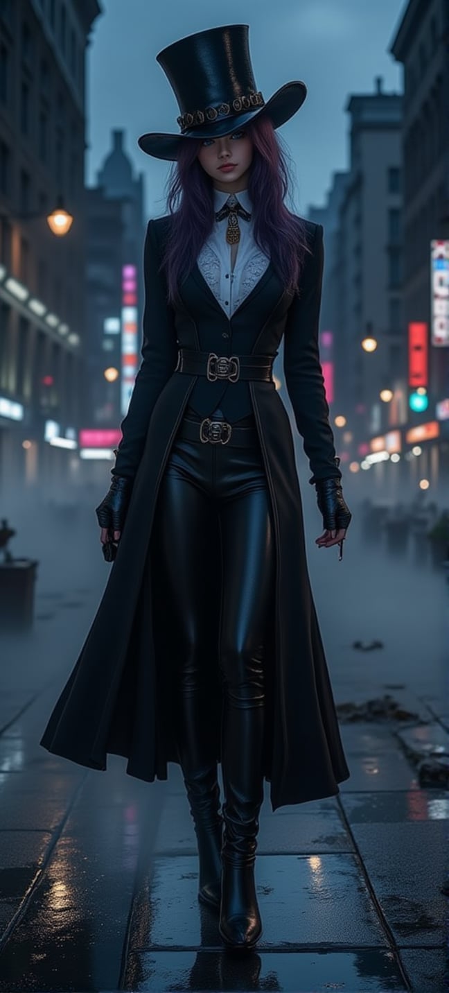 Illustrate this woman in a Steampunk-Victorian fusion outfit, walking through a foggy city street at night. Highlight how her outfit and hat stand out against the dark background,Anime Style