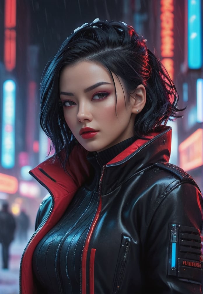 (masterpiece, high quality, realistic), cyberpunk woman, (black hair), wearing (black-red jacket), (nostalgic expression), (snowy cyberpunk city setting), (vivid neon lights), (detailed lighting contrast), (screens in background lighting), great attention to detail, (up close shot), (octane rendering), 8K resolution.