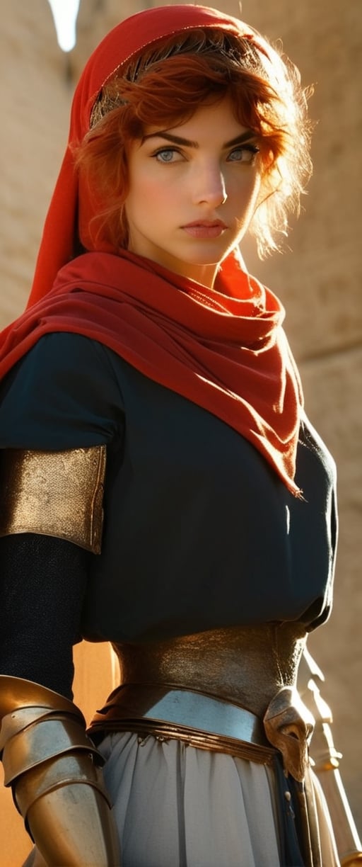 arafed woman in a medieval dress with a red head scarf, imogen poots as a holy warrior, imogen poots as holy paladin, as egyptian, womanas driada, imogen poots paladin, ana de armas as joan of arc, imogen poots as a paladin