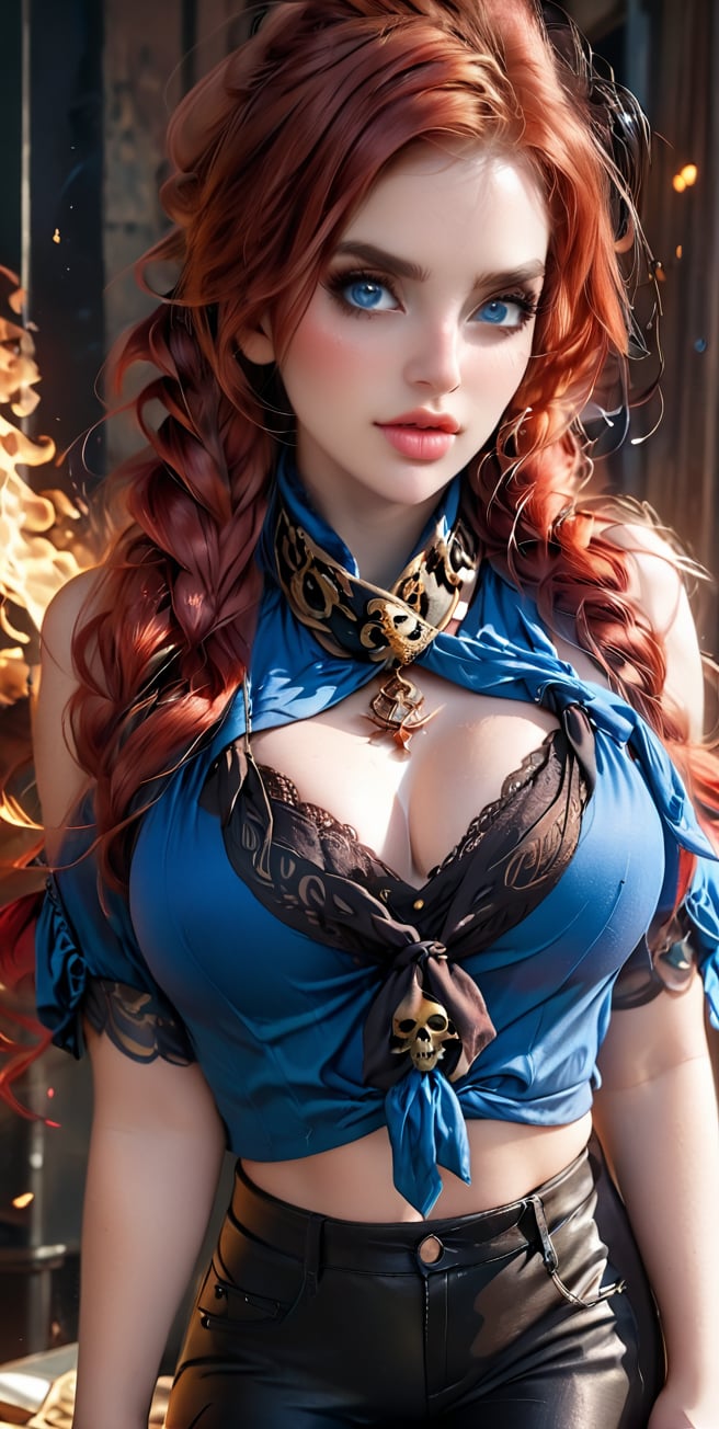 Physical: Miss Fortune stands out for her athletic and curvy figure, a product of her training as a pirate and bounty hunter. Hair: Her fiery red hair, long and wavy, frames her face with a natural rebellion, often adorned with a pirate scarf or elaborate braids. Eyes: Her intense sapphire eyes radiate cunning and determination, capable of intimidating any enemy. Clothing: Her clothing style reflects her dual nature of pirate and noble. She usually wears a tricorn pirate hat, a low-cut blouse that shows off her tattoos, and tight leather pants.
