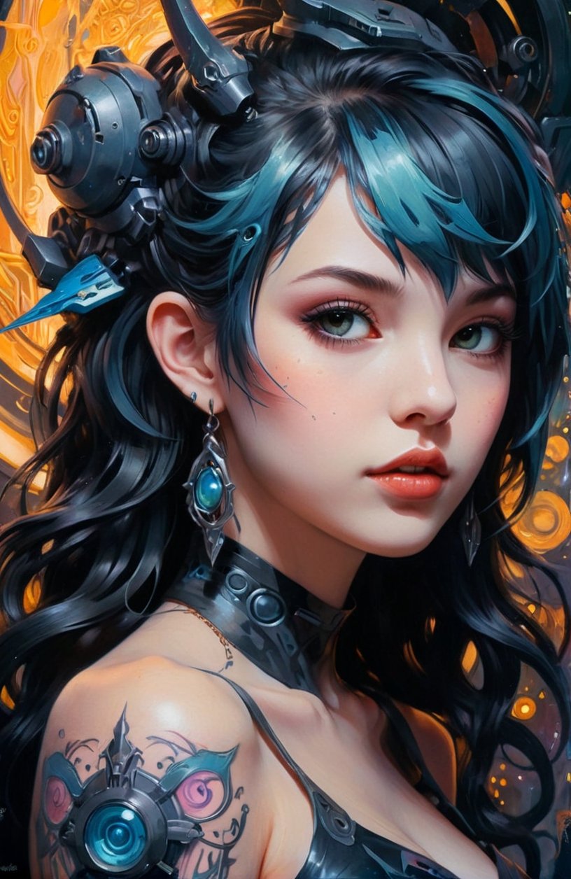 Airbrush Oil painting, anime style, dark myth, mysterious futuristic mecha girl, tattoo, Pastel colors, gouache, Art by Tim Burton, James Jean, Craola, RossDraws. closeup, off shoulders, rim lighting, fantasy complex background, dark theme, 2d fantasy poster, oil painting masterpiece, ember particles, vine
