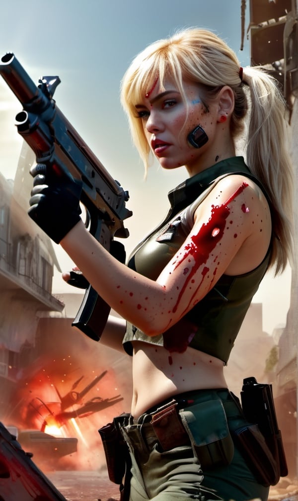 war girl, gun, bloody, splatter, bullet, hole, alien, planet, science fiction, hyperrealistic, 18+, high resolution, daytime shot,
