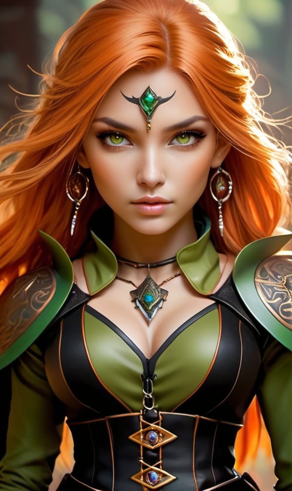 ((face and bust portrait):1.3) ((Ultra detailed face):1.2) ((Beautiful):1.1) ((Masterpiece quality):1.2) ((Dramatic Lighting, Detailing, Setting):1.2)

Art Direction:

Theme & Motif:

Primary Theme: Medieval Witch with Modern Influences
Secondary Themes: Mystery, Power, Youth
Recurring Motifs: Witch symbols, Runes, Tribal Tattoos, Stylish Outfits
Color Palette:

Primary Colors: Black, Dark Shades
Accent Colors: Orange (Hair), Green (Eyes), Vibrant Color Elements
Avoided Colors: None
Line Quality:

Type of Line: Strong, Bold, Dynamic Line Work
Line Intensity: Mixing Dark Lines and Loose Lines
Texture & Materials:

Surface Feel: Soft Shading, Textured
Material Inspirations: Intricate Armor, Fabric Embellishments from Final Fantasy Tactics
Perspective & Dimensionality:

Viewpoint: Two-thirds Portrait, Anatomically Accurate Facial Features
Depth: Maximum Resolution, Cartoony Stylized, Highly Detailed, Soft Focus
Interaction & Movement:

Energy Level: Dynamic, Expressive Character Emotion
Flow & Direction: Direct gaze at the viewer, Imposing Pose
Symbolism & Abstract Elements:

Symbolic Elements: Witch Symbols, Runes, Tribal Tattoo
Abstract Inspirations: Mystery, Power, Youthfulness, Boldness
Historical & Cultural Influences:

Era or Time Period: Medieval Fantasy with Modern Elements
Cultural References: Witchcraft, Stylish and Intricate Medieval Designs
Technology & Modernism:

Level of Tech: Digital Illustration, Watercolor Painting, Artstation Quality
Modern Elements: Sidecut Hair, Rock Jacket, Stylish Outfit
Inspirational References:

Artists & Works: Magali Villeneuve, Final Fantasy IX, Final Fantasy Tactics
Mood Boards: Dynamic Lighting and Shadows, Elevated Detail and Texture, Intricate Background Elements, Soft Shading and Texturing, Witch Symbols and Runes
Subject Details:

Identity & Personal Attributes:

Name: Vi Arcane (Inspired)
Gender: Female
Age: Teenager
Race: Human
Ethnicity: Not Defined
Height: Not Defined
Body Type: Not Defined
Physical Characteristics:

Hair Style & Color: Sidecut, Long Orange Hair

Eye Color: Green

Skin Color: Light

Distinguishing Features: Tribal Tattoo, Witch Symbols, Runes, Sidecut Hairstyle, Rock Jacket, Stylish Outfit

Clothing & Accessories: Black Shirt, Rock Jacket, Armor and Clothing Inspired by Final Fantasy Tactics, Intricate Embellishments on Armor and Fabric

Personality & Backstory:

Nature: Mysterious, Powerful
Alignment: Not Defined
Class: Witch
Personality Traits: Beautiful, Pretty, Modest, Dark-themed, Stylish, Bold
Background: This witch, taking the name Vi Arcane, is a perfect blend of medieval fantasy and modern style. Her mastery in witchcraft is evident through the symbols and runes that adorn her body. In the world she hails from, she is both revered for her powers and admired for her stylish choices.
Pose & Interaction:

Positioning: Centered, Posed for the Viewer
Action: Imposing Pose, Full Body
Interactions: None
Environment & Setting:

Location: Light Background, Character Sheet Setting
Time of Day: Not Defined
Weather: Not Defined
Mood: Dark, Dynamic, Bold, Realistic Sketch on Paper