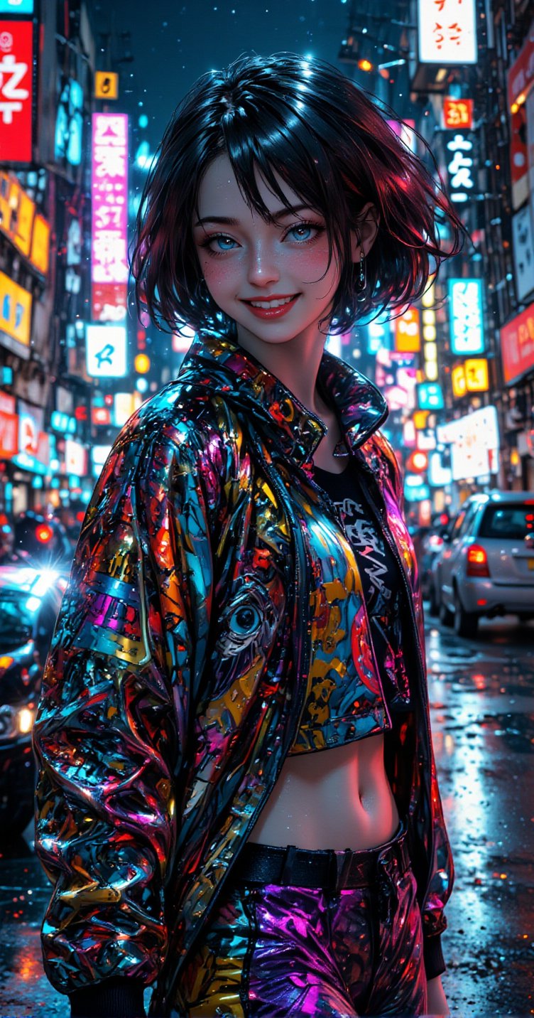 Anime masterpiece, best quality, (((laughing teenaged cyberpunk girl ((wearing detailed Harajuku tech jacket)) posing for portrait))), (((Harajuku cyberpunk clothing)))), (bold colors and patterns), eye-catching accessories, trendy and innovative hairstyle))), ((insane detail)), dazzling Cyberpunk cityscape, skyscrapers, glowing neon signs, (LED lights), anime illustration, detailed skin texture, detailed cloth texture, beautiful detailed face, intricate details, ultra detailed, cinematic lighting, strong contrast, colorful.,Anime Style,Midjourney_Whisper