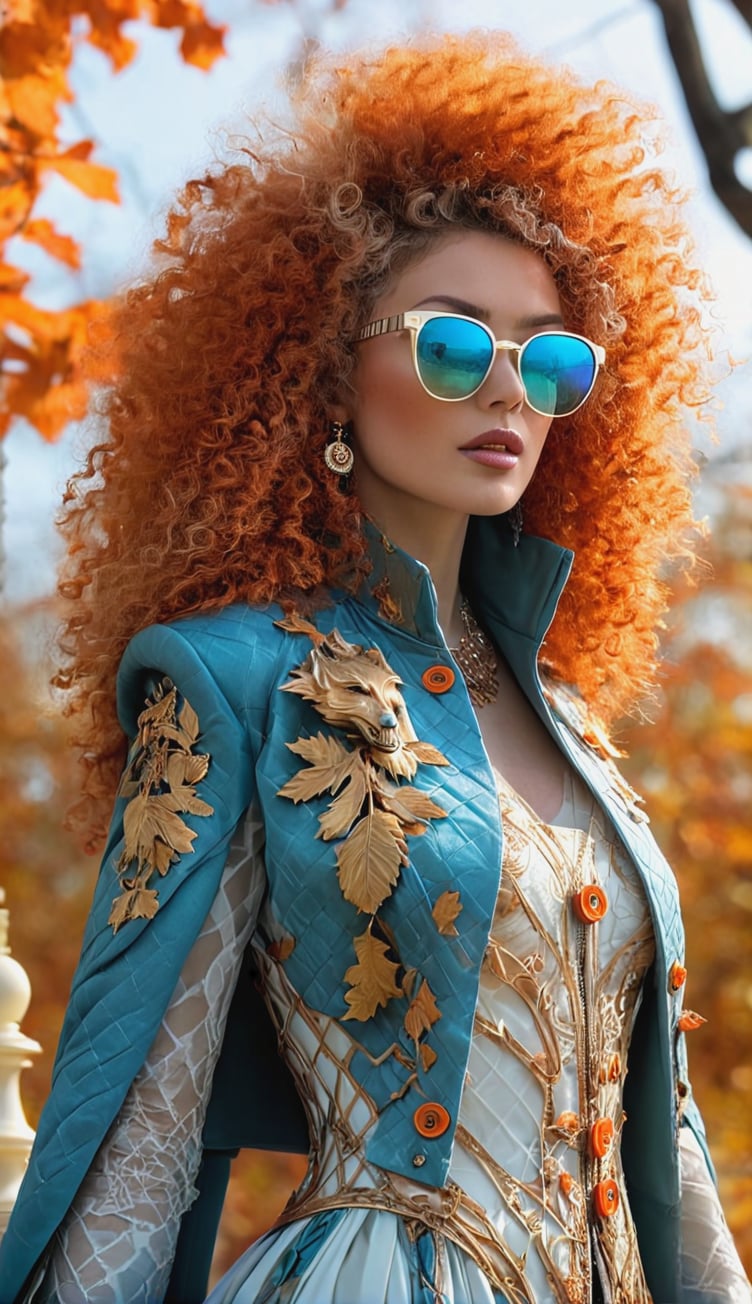 Half-body portrait of an Autumn Enchantress, perched on a biomechanical exoskeleton, suggestive of 3D print techniques, draped in a dress that mirrors the intricate weave of gossamer and autumn leaves, adorned with a celestial-themed ornate jacket embellished with gold buttons, her asymmetrically colored hair in hues of orange, white and turquoise, embracing an array of oversized sunglasses and whimsically curled strands, amidst a game of wolf-themed chess pieces, direct gaze engaging