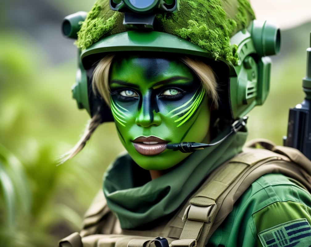 close up, Petty officer war girl wearing green war paint with weapon drawn, moving through the bush in an alien planet. High resolution close up