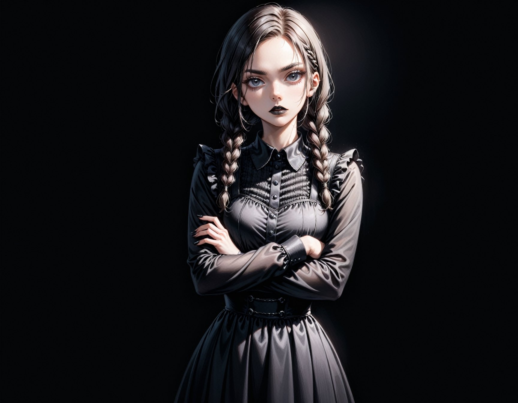 1girl, solo, black lips, black hair, dress, black dress, black nails, black eyes, crossed arms, black background, braid, black theme, looking at viewer, simple background, long sleeves, twin braids, bangs, long hair, dark-skinned female, collared dress, cowboy shot, dark skin, nail polish, Wednesday addams \(character \), character \(theme\)