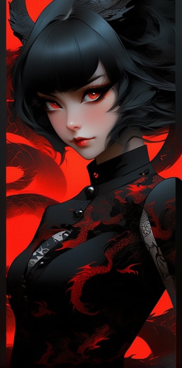 anime girl is shown in a phone screen, in the style of gothic art, red and black, dragon art, subtle realism, chinapunk, close up, light yellow and dark orange