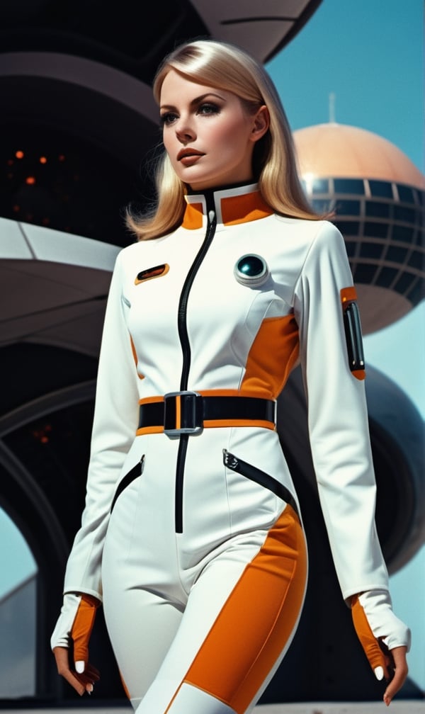  1970retrofuturism, female scientist at a futuristic research facility on an alien planet, tight sci-fi uniform
