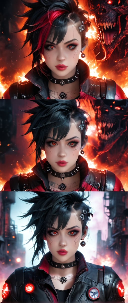 engine unreal:1.4,ultra HD,the best quality:1.4, photorrealistic:1.4, texture skin:1.4, Masterpiece artwork:1.8, 18 years old woman, Red Mesh Hair Over Black Hair, longye hair, slickedback hair,  , Comic appearance,(apocalyptic city of fire),(cyber punk:1.4),(the best quality,4K,high resolution), Red Highlights on Black Hair, longye hair, slickedback hair, Transformative woman,LnF,Cool eyes ,sharp eye,anxious look,eerie glowing red eyes,Improved facial expression,,Change the appearance of a transform,animal,Bestialification,Evil fight,buttler,Delicate illustrations drawn in detail,Torn clothes with decoration,disheveled clothing,realistic representation,swirly vibrant colors,Expressive,Classic background