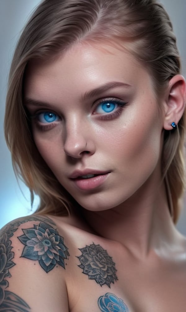 Tattooed Female Portrait, With Light Blue Eyes, Visible Tattoos, Digital Photography, Raw format, 8k, ultra realistic, hyper detailed

