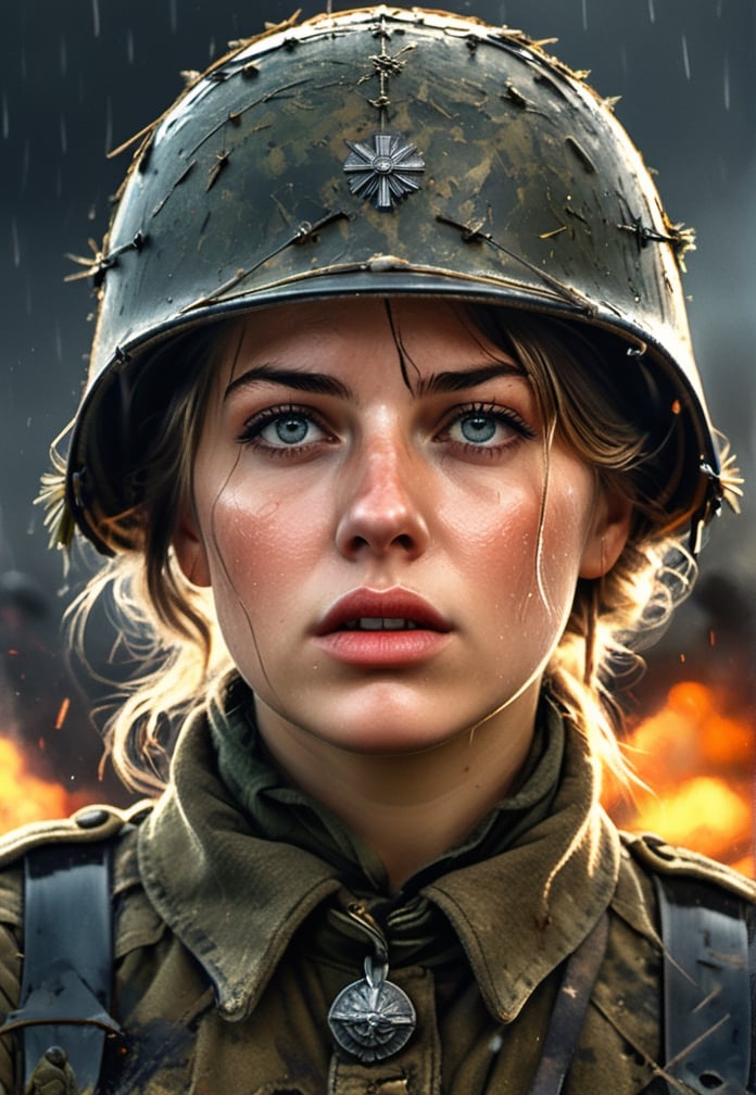 German woman Soldier, World War one, closeup, tired face, tired, exhausted, raining, battlefield, explosions, bullets flying, airplanes bombarding, airplanes, barbed wire, ultra realistic, 4k, intricate details, highly detailed, photoreal), Neon Digital Art, Minimalist Style, Movie Grain, Bloom,more detail XL,Real