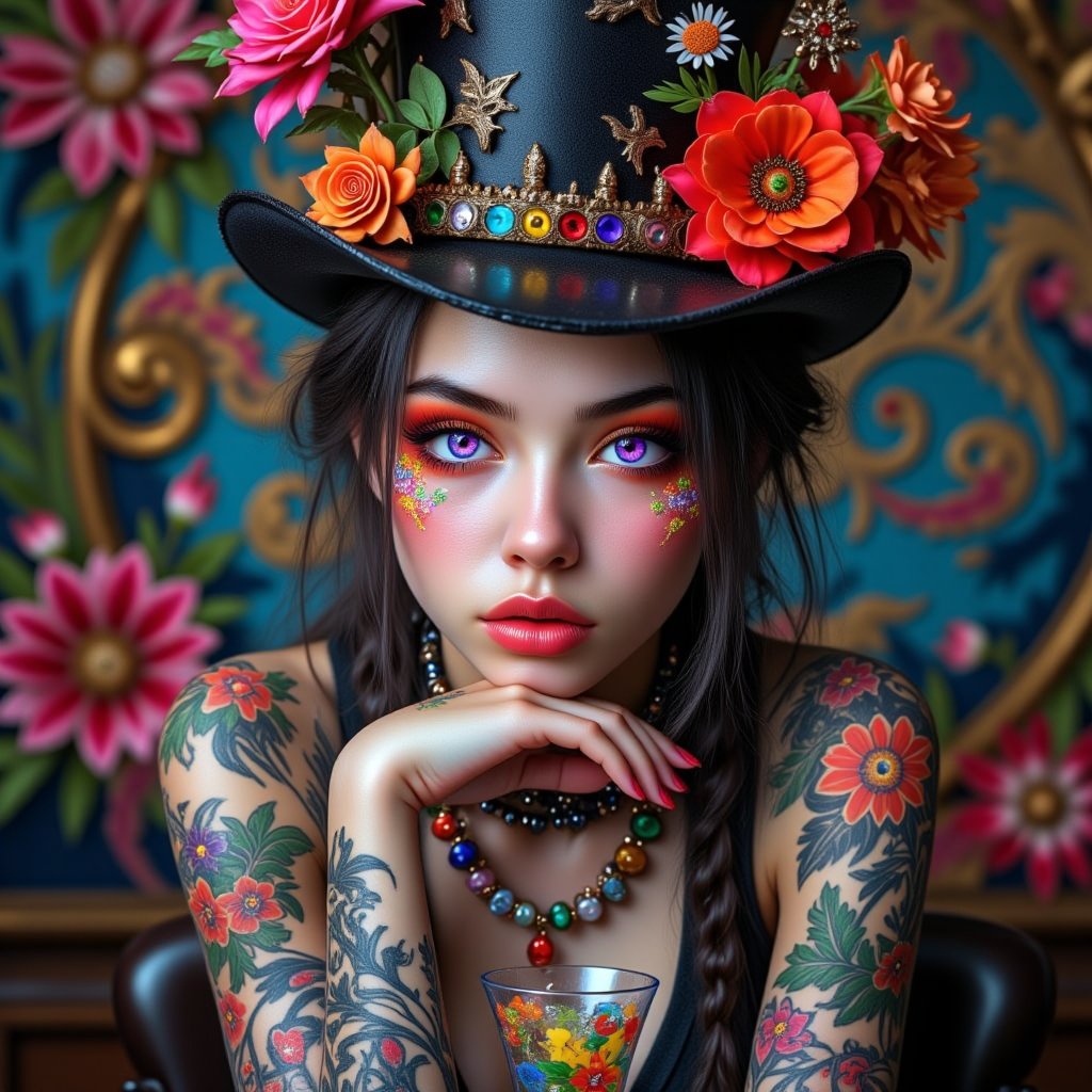 Vibrant, surrealistic digital artwork featuring a young woman with a whimsical and fantastical appearance. She has fair skin and striking facial features, including large, expressive eyes adorned with intricate, colorful face paint. Her long, wavy hair is partially braided and she wears an elaborate top hat decorated with large, vividly colored roses and various whimsical elements. Her arms are covered in detailed tattoos, and she rests her chin on her hand, gazing directly at the viewer. In front of her is a glass with a colorful, psychedelic design. The background is a blend of swirling, abstract patterns and colors, enhancing the dreamlike quality of the image.,Midjourney_Whisper,ek_ph0t0_b00ster