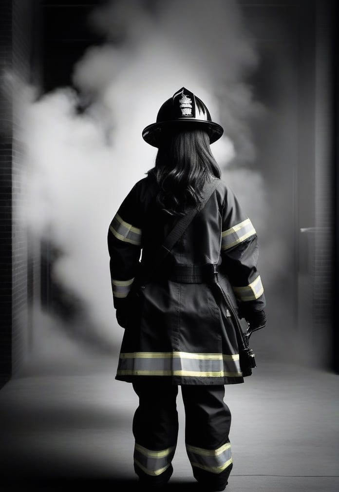 /imagine prompt: Subject: A fearless  woman firefighter Purpose: Portrait Mood: Curious Style: Black and white Background: Fire station Create striking and mysterious portraits in simple black and white compositions. Play with shadows and highlights to capture the essence of the subject. Use the ancient library as a minimalistic background to emphasize the raw emotions and the depth of knowledge of the wizard.