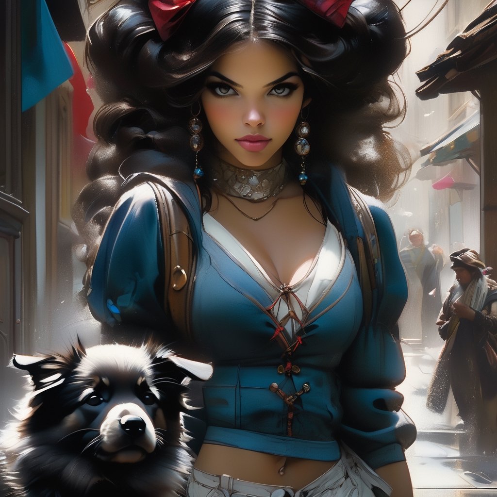 Snow White, radiant and symmetrical, walks her dog on an urban street, long hair styled in thick flowing pigtails, clad in contemporary attire, pencil sketch transformed into intricate, vibrant, full-body portrait, capturing the essence of Jean Baptiste Monge's whimsy, Carne Griffiths' fluidity, Michael Garmash's romanticism, elevated to the trendsetting digital artistry of Artgerm, and the eerie atmosphere reminiscent of H. R. Giger and
, cinematic moviemaker style