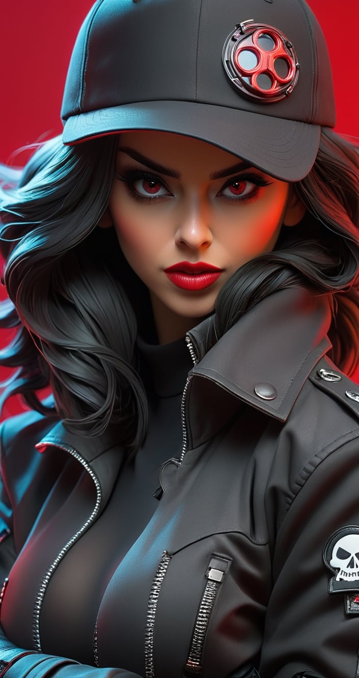 a close up of a person wearing a hat and a jacket, with red haze, villainess, mouth cover, cyberpunk vibes, dark natasha, on a red background, has cyberpunk style, cyberpunk 2077”, she wear red eyed gasmask, cyberpunk 2049, cyberpunk 2 0 4 9, cyberpunk girl, cyberpunk femme fatale, style of cyberpunk