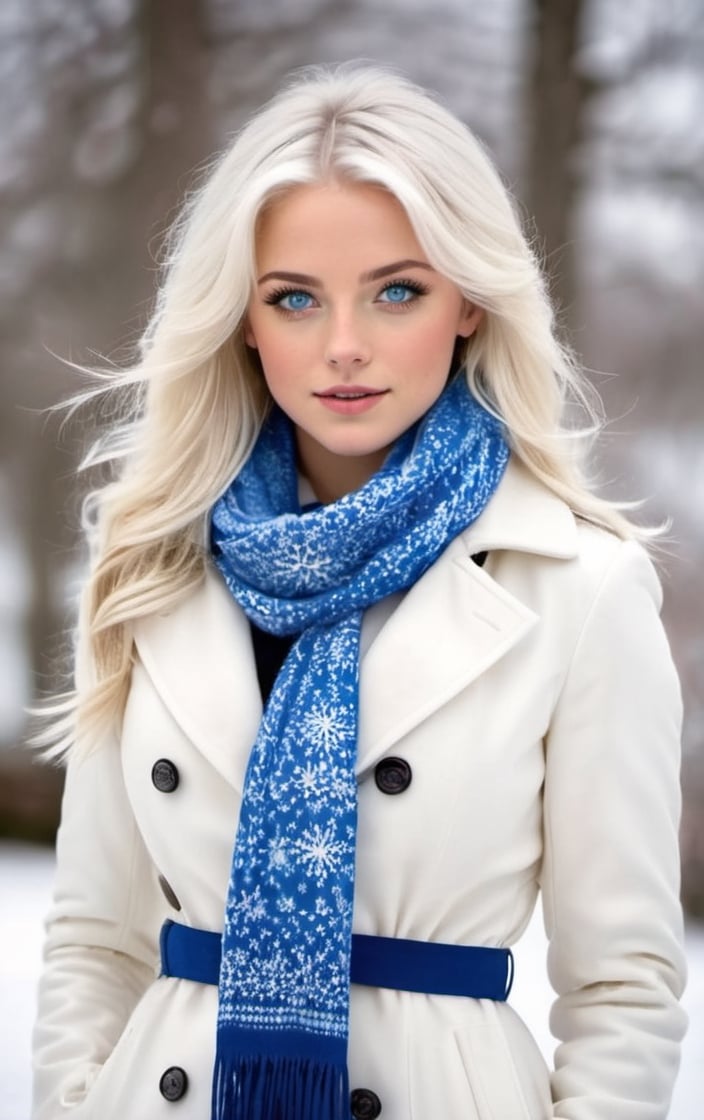 (Snow Girl:1.2), (snowflake white hair:1.4), ((Blue eyes, cold and beautiful):1.5), ((White coat, fluffy and warm):1.2), (blue scarf:1.3), (Snow boots:1.3), (snowman:1.2)
