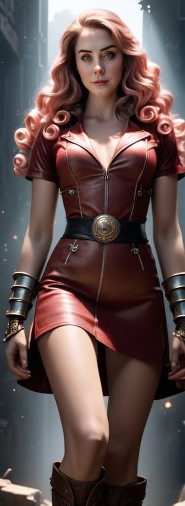 (A beautiful sexy girl with (((long curly pink hair))), slender eyebrows, sparkling eyes, a bewildered expression, an oval-shapedl face with pale skin, a knee-length form-fitting leather trench coat with very short sleeves, she adorns both hands with metallic wrist guards in a sci-fi ancient civilization style, her long legs are clad in leather boots as she soars through the misty clouds), this character embodies a finely crafted fantasy-realism style western ranger in anime style, exquisite and mature manga art style, porcelain skin, perfect skin, perfect eyes, (Alison Brie:1.2), high definition, best quality, highres, ultra-detailed, ultra-fine painting, extremely delicate, professional, anatomically correct, symmetrical face, extremely detailed eyes and face, high quality eyes, creativity, RAW photo, UHD, 32k, Natural light, cinematic lighting, masterpiece-anatomy-perfect, masterpiece:1.5,Movie Still